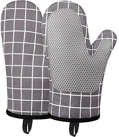 Micacorn Oven Gloves Heat Resistant, Silicone with Cotton Double Oven Mitts with Cotton Lining and Non-Slip Surface for Cooking Baking Grilling Barbecue Microwave Gauntlet (Grey)