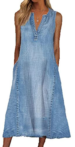 MANYMANY Damen Jeanskleid Blau V-Ausschnitt äRmellos Langes Jeanskleid Knielang