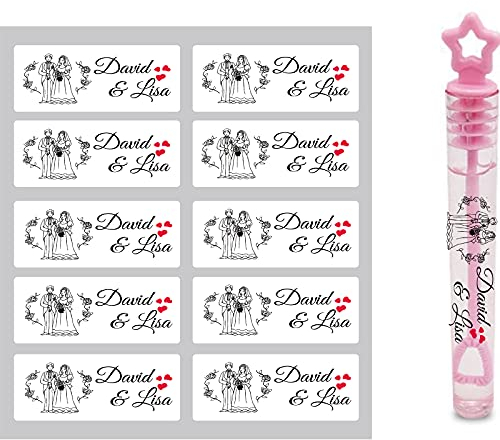 100 etichette trasparenti personalizzate, fatte a mano, per feste, matrimoni, bomboniere, regali personalizzati, bottiglie d'acqua, bottiglia di sapone a bolle, mini bacchette a forma di cuore (2 cm x