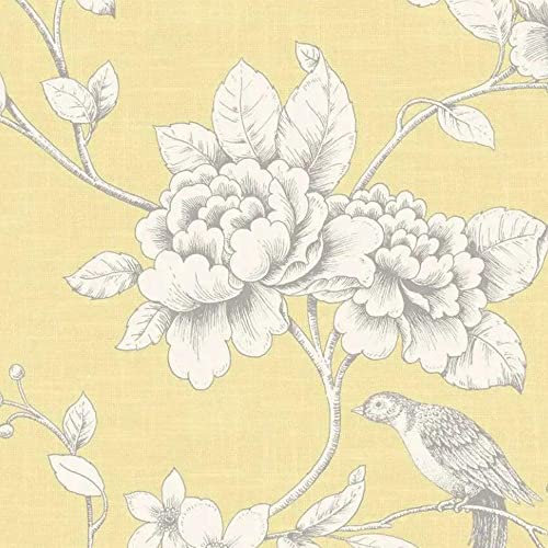 Full Roll Ellis Yellow Wallpaper Floral Birds Linen Effect Metallic