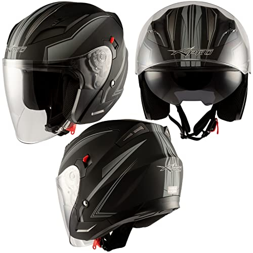 A-Pro Doppeltvisier Motorradhelm Jet Zertifikat ECE 22-05 City Matt Schwarz Silber XL