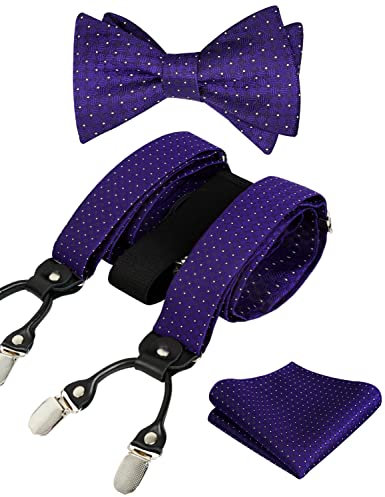 Alizeal Herren Polka Dot Hosenträger und selbstgebundene Fliege mit Einstecktuch im Set,Dunkelviolett