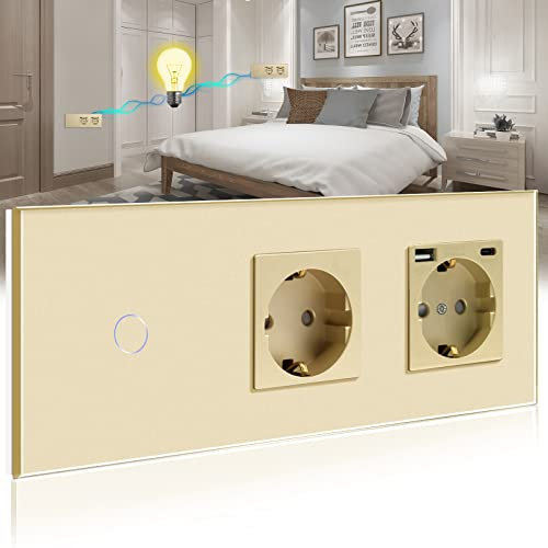 BSEED Interrupteur tactile avec prise USB (maximum 2,1 A) Port de type C, 1 gang 2 voies, Interrupteur mural avec double prise, Interrupteur tactile avec cadre en verre 228 mm Doré 500 W
