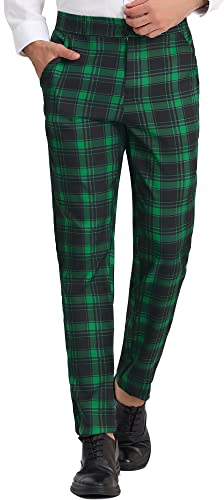 Lars Amadeus Herren Karierte Anzughose Flache Vorderseite Stretch Elastische Taille Casual Plaid Hose, grün, 38