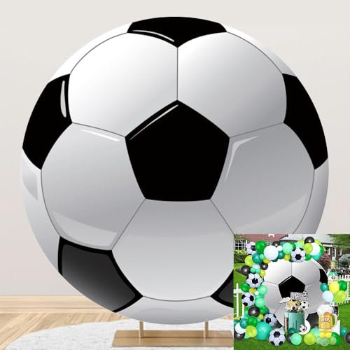 Leyiyi 2.2x2.2 m Fußball-Hintergrund, rund, Schwarz und Weiß, runde Hintergrundabdeckung, Sportthema, Fußball-Hintergrund für Kinder, Jungen, Mann, Geburtstagsparty, Party-Dekoration, Banner