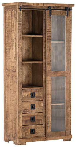 Lomadox Wohn-/Esszimmer Vitrine in Mangoholz Natur massiv, B/H/T ca. 90/190/47 cm