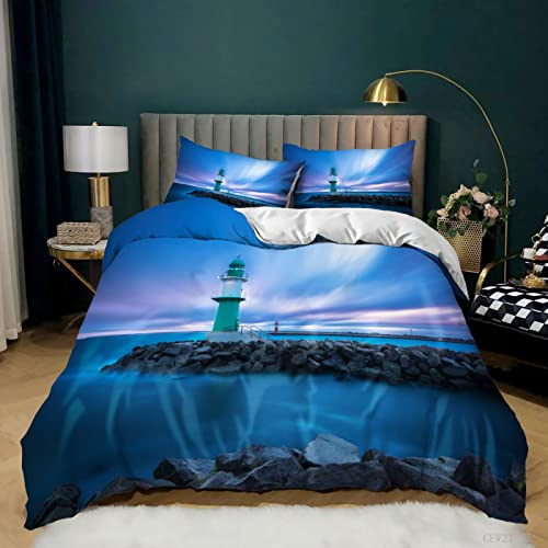RAMOTE Bettwäsche 155x200 Leuchtturm, Weiche Microfaser 3D Bettbezug Blaue Meereslandschaft, Bettbezüge Leuchtturm und 2 Kissenbezug 80x80 cm