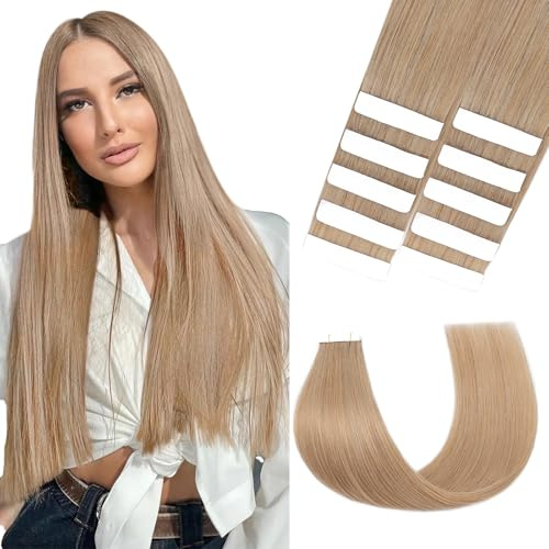 Silk-co Tape Extensions Echthaar 10stk, Remy Tape in Extensions Haarverlängerung, Skin Weft Echthaar Haarextensions Tape Kleber 25g, 40cm Dunkelblond