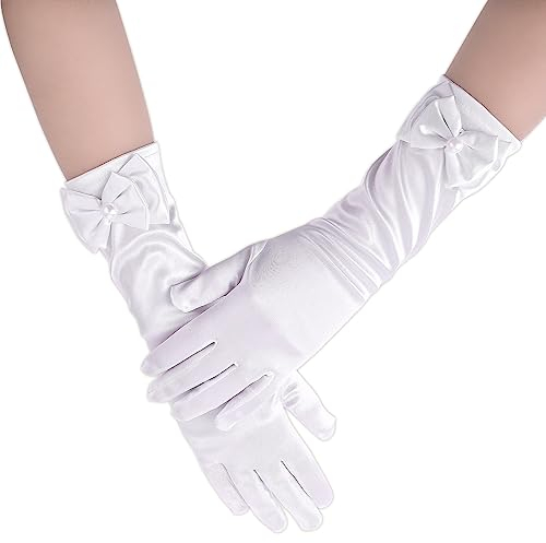 Lange Prinzessinnenhandschuhe für kleine Mädchen, formelle Schleifen, Handschuhe, Hochzeit, Blumenmädchen, Satinkleid, Handschuhe für Erstkommunion, Geburtstag, Festzug, Urlaub, Kostümparty (ab 12