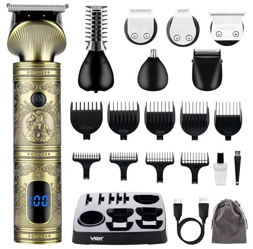 VGR Beard Trimmer for Men Kit - Cordless Hair Clippers - Precision Zero Gap T-Blade - 180 mins Rechargeable Electric Shaver - Ear Nose Face Body Head 6-in-1 Grooming Set