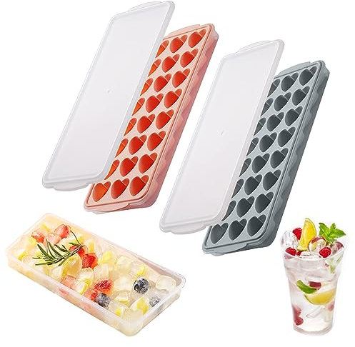 2 Pack Heart-Shaped Ice Cube Trays with lid and bin - 48 Holes Silicone Mini Heart Ice Cube Tray, BPA Free and Dishwasher Safe, Fun Shape Ice Cube Mold, Easy to Remove