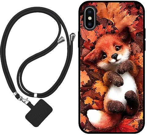 Sunrive Hülle Kompatibel mit iPhone X/XS Case,matt Handyhülle Schutzhülle Etui Karikatur Muster TPU Backcover (Ahornblattfuchs) +1x Universale Handykette MEHRWEG