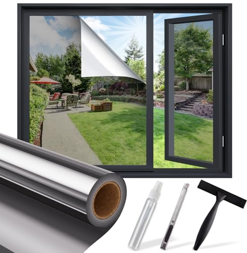 Lifetree One Way Clear Window Film Privacy: Heat Reflective Mirror Window Film for Glass Windows Daytime Anti Glare with Adhesive, UV Window Tint Film Sun Blocker for Home Office (Silver, 45 * 200cm)