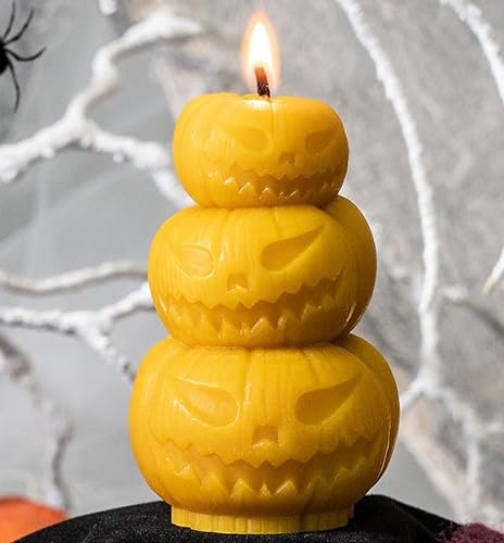 tea4chill Halloween Deko Kürbis 3-fach als Kerze, gruselige Figur tolle Geschenk idee, 5,5 x 9cm, Bienenwachskerze aus 100% Bienenwachs, Honigkerze, lange Brenndauer, handgefertigt