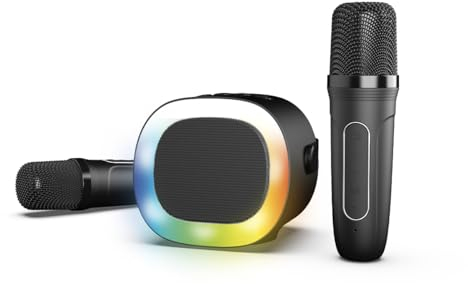 R-MUSIC Karaduo Karaoke-Komplett-Set – 2 kabellose Karaoke-Mikrofone + tragbarer Bluetooth-Lautsprecher – Bluetooth 5.0, AUX-Anschluss und Micro-SD-Anschluss – 5 Stimmverzerrungseffekte + 3