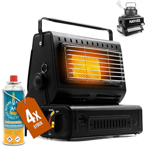 Campingheizung 1300 Watt, 2 in1 - Gasheizung & Campingkocher/Gaskartusche, Zeltheizung, Heizstrahler mit MSF-1a Winterkartuschen (Gasheizung + 4 Gaskartuschen (Butan))