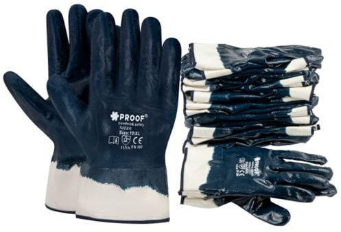 PROOF COMFORT & SAFETY - Work Gloves NITRO with blue nitrile coating, 12 Pair in size 11, oil-resistant and waterproof protective gloves with cuff.