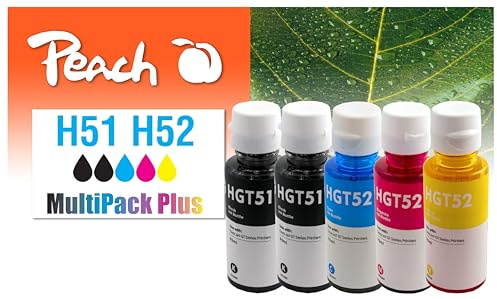 Peach HGT51/GT52 Spar Pack Plus Tintenflaschen (2xBK, C, M, Y) ersetzt HP GT51, GT52, M0H57AE*2, M0H54AE, M0H55AE, M0H56A für z.B. HP DeskJet 5800, GT 5810, GT 5820