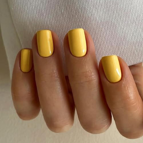 Faux Ongles Court MouyouGlow,Carré Jaune Unicolore Glossy Press on Nails avec Colle à Ongles,Yellow Brillant Acryl Fake Nails