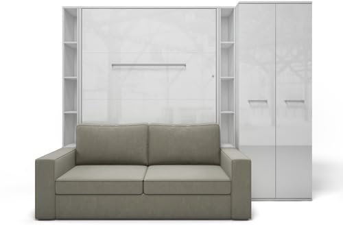 MAXIMAHOUSE Schrankbett vertikal mit Sofa, 2 Regalen und Kleiderschrank, Invento LED 140V mit Lattenrost aus Holz, Wandklappbett 140x200 modern Design (Weiß/Weiß Glanz + beiges Sofa)