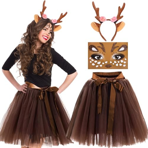 Pipihome Karneval Reh Kostüm Damen, Faschingskostüme Damen mit Brauner Tutu Tüllrock, Reh Geweih Blüten Haarreif und Tattoo, Kostüm Damen für Fasching, Karneval, Mottoparty Reh Cosplay