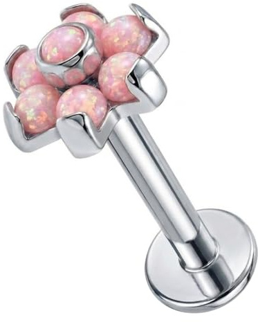 AZARIO LONDON G23 Titan Pink Opal Stein Blume Push Fit Top 16 Gauge – 8 mm Länge Labret – Tragus Bar Piercing – Labret Stud Helix – Tragus Ohrring