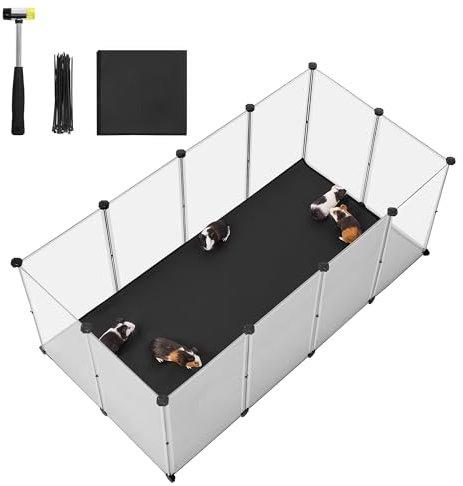 SONGMICS Kleintiergehege mit Bodenplatten, Laufstall mit abnehmbarer und wasserfester Unterlage, Gehege für Hamster, Kaninchen, Meerschweinchen, 145 x 73 x 57 cm, weiß LPC013W01