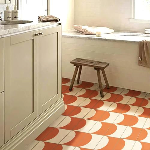 Alwayspon 0.5mm Thickness 24Pcsx20cmx20cm Vinyl Floor Wall Tile Sticker, Vinyl Flooring Non-Slip Sticky Back Tile Decals for Kitchen Bathroom, White Orange Circles