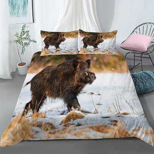 Generisch Wildschwein Bettwäsche 200x220 cm Weich Microfaser Bettwäsche-Sets Wildschwein Bettbezug 3D Bettbezüge mit Reißverschluss und 2 Kissenbezug 80x80 cm, G3203