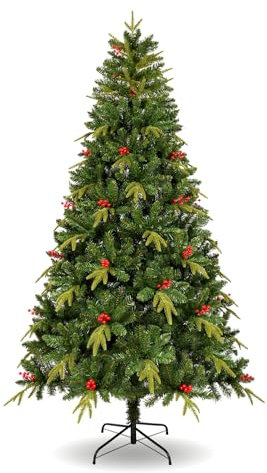 Uten Künstlicher Weihnachtsbaum 225 cm, Realistischen PE Innendekoration Tannenbaum mit 37 Gruppen Roten Beeren, PE & PVC 1150 Natürlich Aussehend Spitzen, Aufklappbare Zweige, Wiederverwendbar