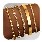 Adramata 5Pcs Armband Damen 14K Vergoldet Armbander Edelstahl Ketten Armbänder Set Twist Schlange Armkette Damen Verstellbar Armband Set Armreif Armband Silber Rosegold Gold Armband für Damen Frauen