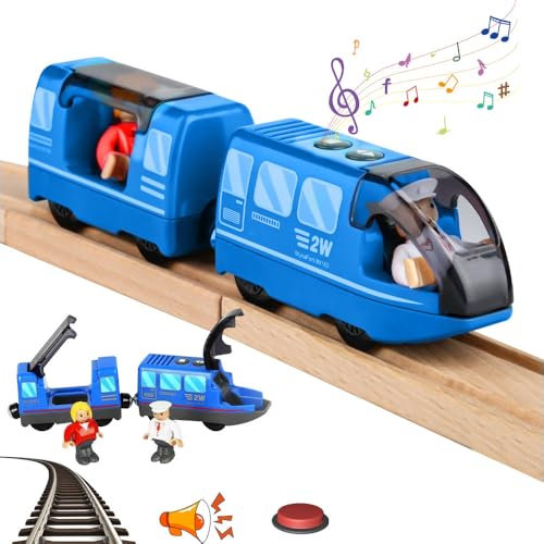 Vmxlso Holzeisenbahn Elektrische lok, Magnetanschluss Eisenbahn Kinder Elektrisch, Batteriebetriebener Elektrische Eisenbahn Kinder, Eisenbahn Elektrisch Kompatibel mit Thomas, Chuggington(Blau)