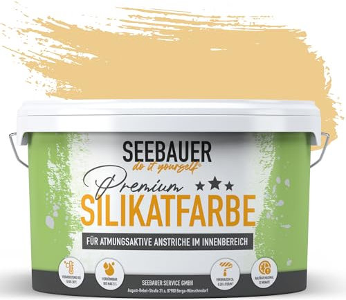 SEEBAUER diy Silikatfarbe Beige 5L für Innen (No. 402 Banana Splitt) Atmungsaktive Mineralfarbe für Allergiker - Abwaschbare Wandfarbe - Beigetöne hohe Deckkraft