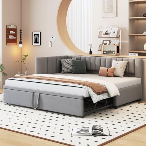 DRIXNO Polsterbett Ausziehbares Schlafsofa 90/180 * 200 cm mit Lattenrosten, Multifunktionsbett aus hautfreundlichem Samtstoff Grau,Design für Kinderbett, Gästebett, L-förmiges