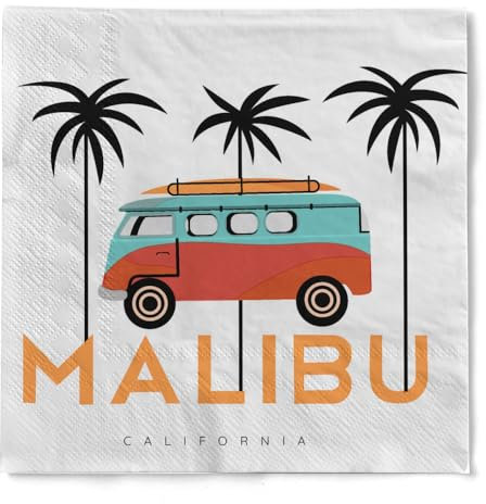 HAPPY PAPER Serviette California Malibu in Weiß aus Tissue 3-lagig, Einwegserviette ideal für Sommerpartys & Roadtrips & Grillen, 33 x 33 cm, 20 Stück