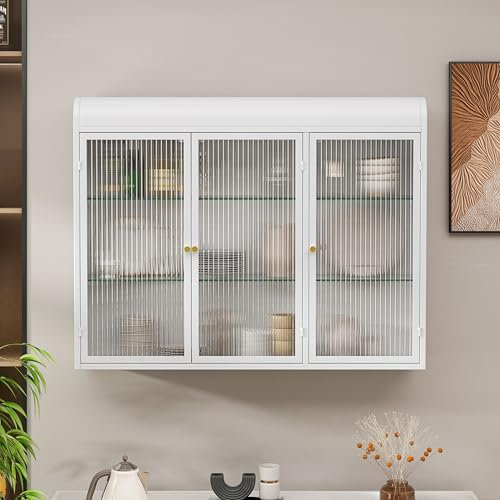 HAINEW Moderner Hängeschrank Küchenschrank Wandschrank mit 3 Glastüren, Metal und Glas Badschrank Sideboard Hängend Medizinschrank für Küche Bad, 90×20×70cm (Weiß)