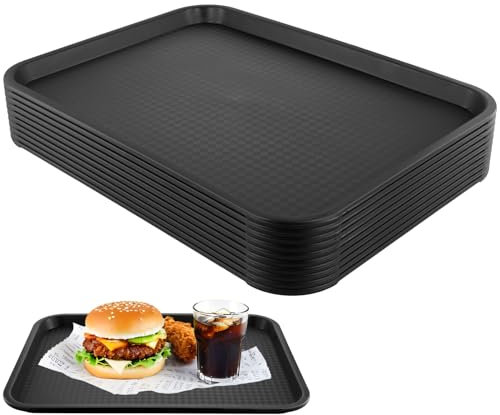 LEXININ 10PCS 41 x 30cm Black Plastic Fast Food Tray, 12 x 16 Inch Rectangular Serving Drink Trays for Cafeteria Restaurant Fast Food