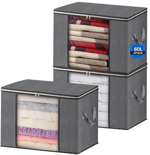 AIOR 3pcs Bolsa de Almacenamiento de Ropa Plegable, 60L Grandes Cajas de Almacenaje Ropa con Mango Reforzado, No-Tejida Organizador Guardar para Edredones Mantas, 55x35x32cm