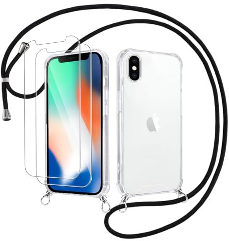 Votvloay Handykette Handyhülle für iPhone XS Max 6,5 Hülle mit Band - mit 2 x Schutzfolie, Transparent Case mit Kordel zum Umhängen, Weich TPU + PC Back Schutzhülle Cover für iPhone XS Max, Schwarz