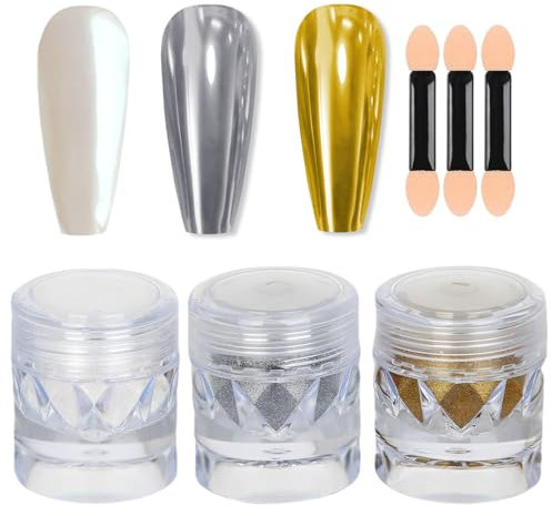 GZMAYUEN Perle Chrom Nagel Pulver Gold Silber Chrom Pulver für Nägel, Weiße Perle Irisierende Meerjungfrau Glitter Pulver, Spiegel Effekt Metallic Gold Silber Gel Chrom Pulver DIY Nails Art Salon-3Pcs