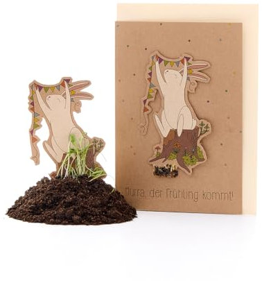 Wachsende Frühlingskarte mit Osterhasen-Motiv mit Saatgut | Besondere Grußkarte im Frühling oder zu Ostern mit Umschlag | Nachhaltige Klappkarte in DIN A6 für Frühlingsgrüße | Perfektes Ostergeschenk