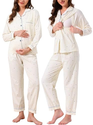 cheibear Womens Pregnancy Nursing Button Down Pajamas | Soft cotton blend with adjustable waist. Easy nursing access on both sides. Ideal for lounging at home.