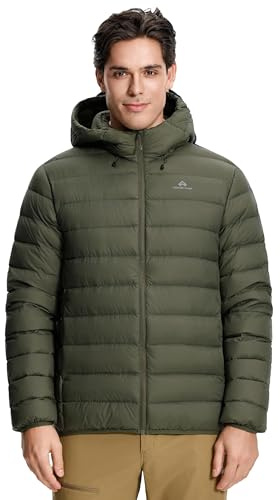 Pioneer Camp Herr dunjacka vinter 90 % anddun 650 fyllning, lätt varm quiltad jacka, vattentät, vindtät packbar bufferjacka med huva, utomhusjacka, Armégrön, M