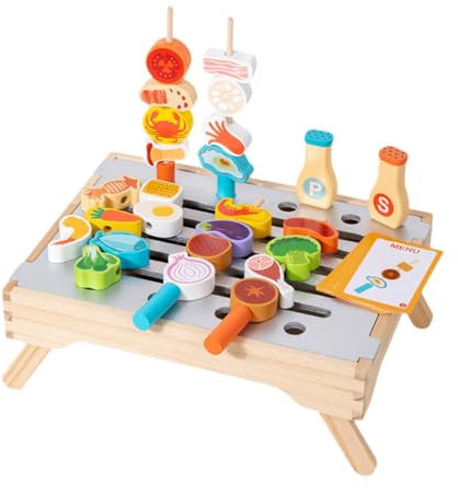 EHJRE Kinder Grill Spielset Aus Holz, Küchenspielzeug Set für Kinder Im Alter von 3 4 5 6 Jahren