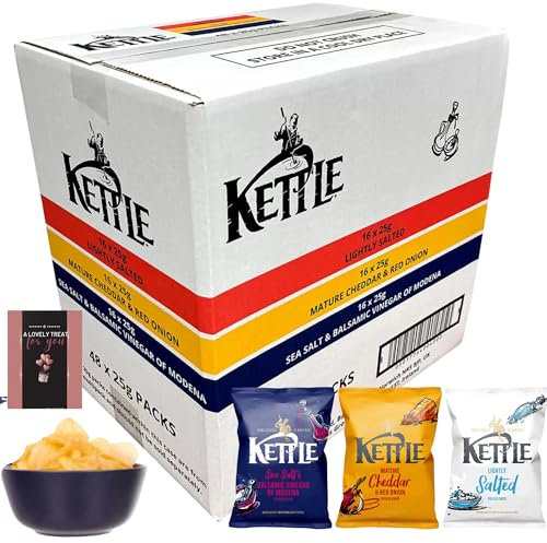 Kettle Hand Cooked Potato Chips Crisps Bulk Buy Multipack Variety Box, 48 x 25g – Individually Wrapped Snack Packs & Card For Kids, Movie Night, Picnic, Camping, Party Favours On-the-Go