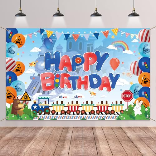 batnite Zug Geburtstagsdeko Banner Kinder - Eisenbahn Zug Thema Happy Birthday Banner, Rot Blau Cartoon Fotografie Hintergrund für Jungen Geburtstag Foto-Requisiten (100 x 150 cm)