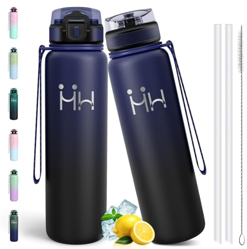 Motswedi Botella Termica 1 Litro, a Prueba de Fugas, Botella agua Acero Inoxidable, con 6 Pajas, Cantimplora Termica, Termo agua, para Gimnasio, Viajes, Senderismo, Deportes, Azul oscuro & Negro