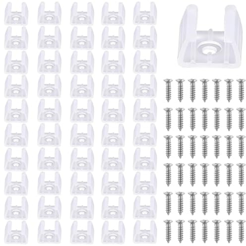 COYUN 50 Pièces Fixation Ruban LED, LED Néon Montage Clips Support Montage, Support pour Bandes, Inclure Vis pour 15mm à 17mm Silicone LED Néon Bande Lumineuse, Translucide, Blanc, avec 50 Vis