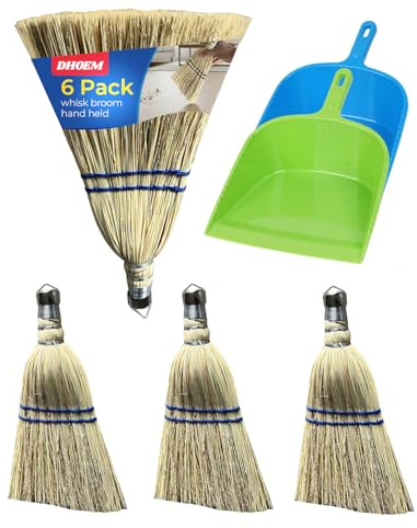 6Pcs 12 Inch Handheld Broom Set, Heavy Duty Mini Corn Broom with Metal Hanging Hook, Natural Straw Whisk Broom for Quick Sweeping of Debris, Dust, Dirt in Car, Porch, Outdoor, Camping, Driveway