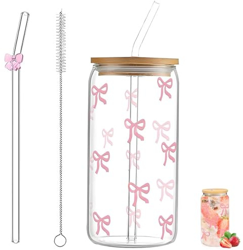 Novastream 4 Pcs Glass Cup Set with Lid and Straw, 500ml Cute Matcha Glass, Iced Coffee Tumbler with Bow Straw, Bubble Tea Glass Cups for Smoothie, Milk, and Cold Beverages